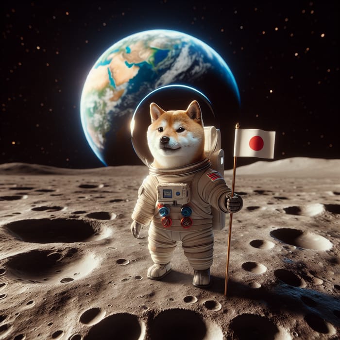 Adorable Shiba Inu in Spacesuit with Japanese Flag on Moon - Whimsical Space Exploration