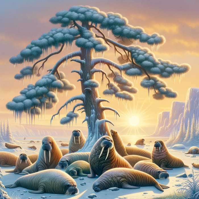 Frosty Morning with Walruses and a Pine Tree: Golden Sunrise Scene