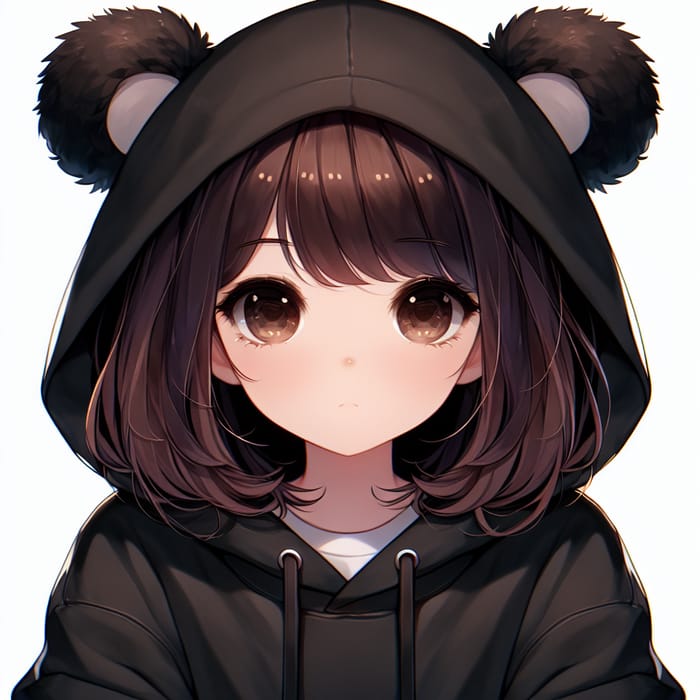 Adorable Girl with Black Bear Ears in Stylish Black Hoodie