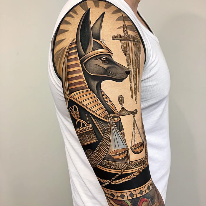 Stunning Egyptian Sleeve Tattoos with Anubis & Ra