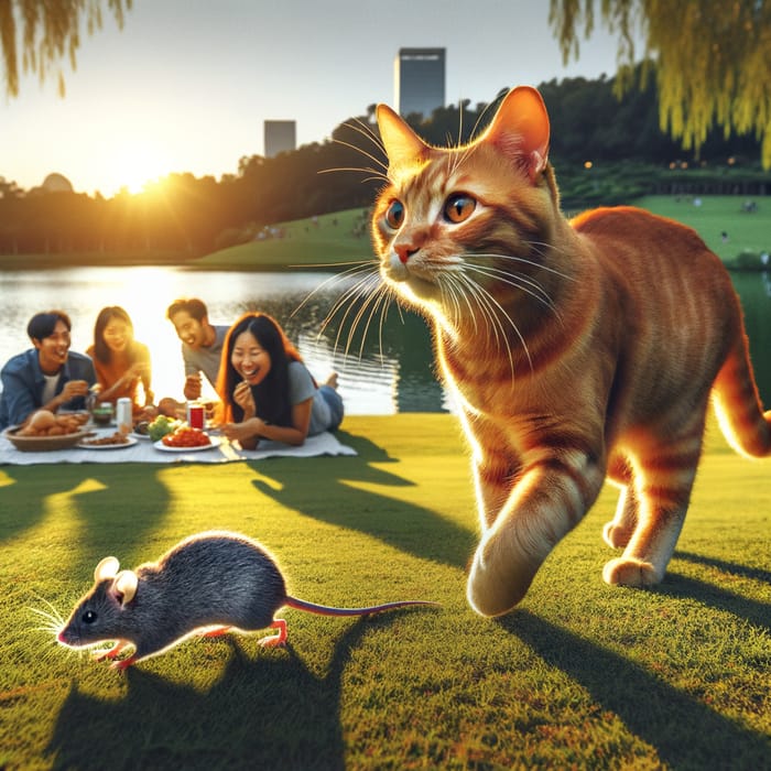 Adorable Cat Chasing Mice by Lake, Lakeside Picnic Scene