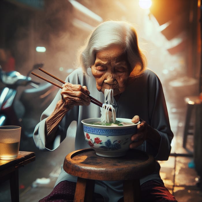 Traditional Vietnamese Pho: Elderly Woman Savoring Noodle Soup