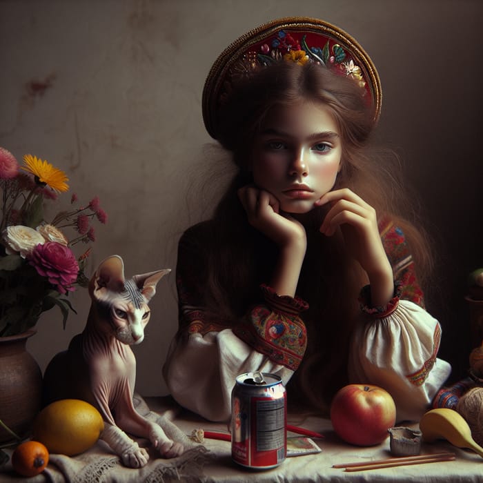 Russian Girl in Kokoshnik | Introspective Scene with Cat and Intriguing Table