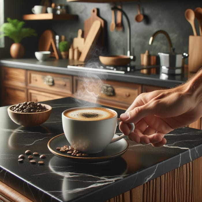 Hot Coffee on Stylish Black Marble Countertop in Contemporary Apartment Kitchen