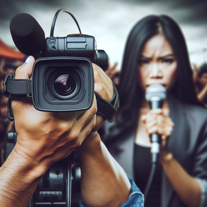 Cameraman with Handycam at Event with Reporter in Focus