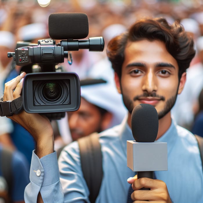 Male Cameraman and Reporter Capture Bustling Event Scene