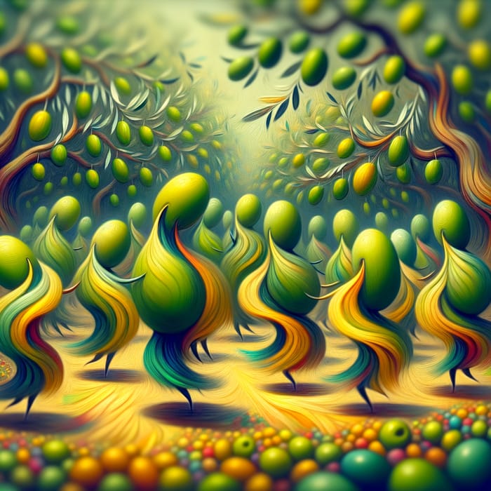 Enchanting Dancing Olives: Whimsical Surrealist Artwork