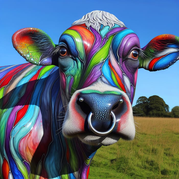 Whimsical Cow with Vivid Patterns and Pierced Nostril