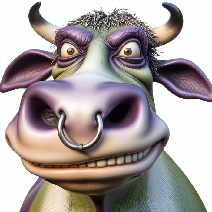 Whimsical Joker Cow with Nose Ring | Unique Purple & Green Coat