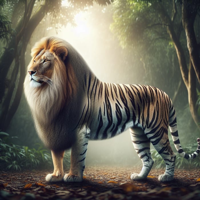 Majestic Lion-Tiger Hybrid in Serene Jungle