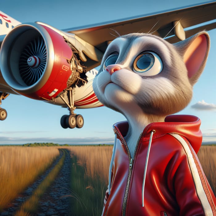 Hyperrealistic Cartoon Cat in Red Tracksuit Sees Engine Break