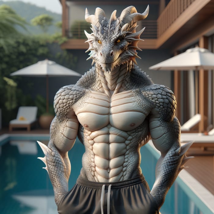 Male Dragon-Human Swim Trunks Poolside Pose - High-Res 4K Image