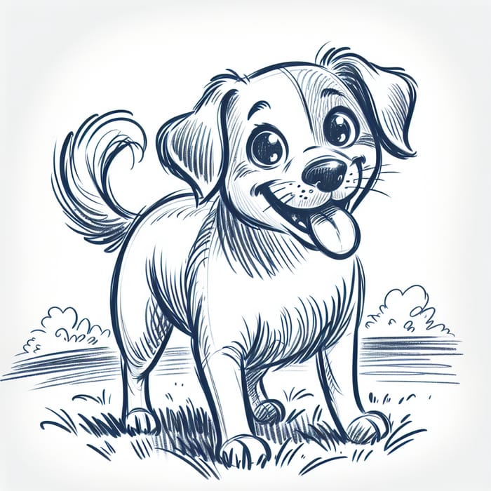 Playful Dog Sketch on Green Lawn Playful Dog Sketch on Green Lawn
