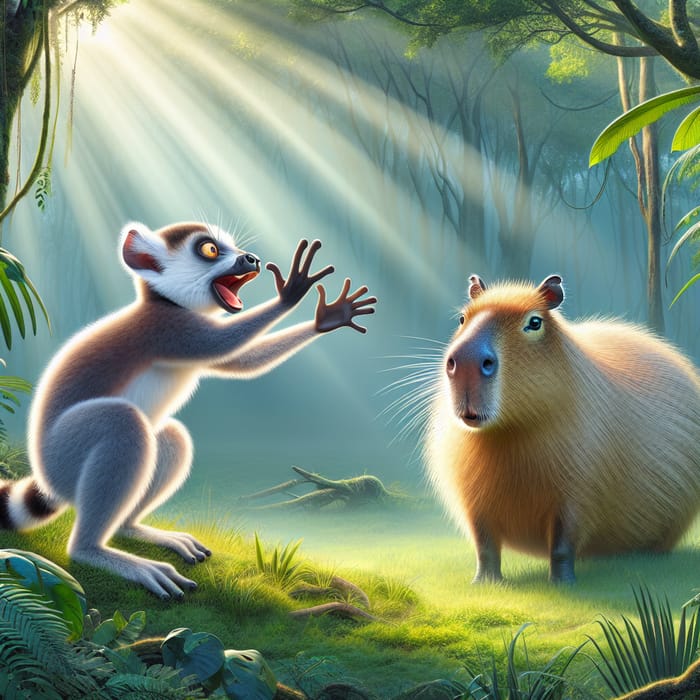 Lemur Invites Capybara for Fun in Jungle