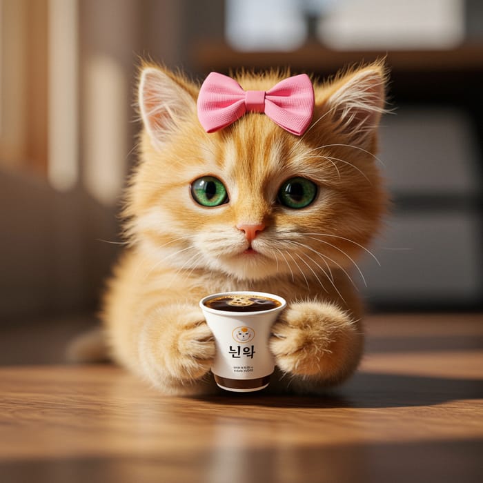 Cute Kitten with Pink Bow and Korean Coffee