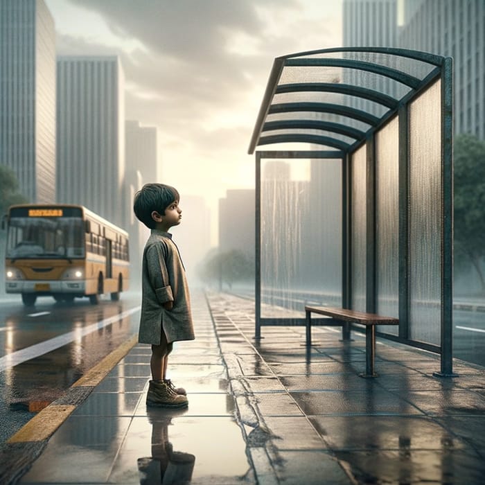 Poverty and Hope: Little Boy Waiting at Bus Stop