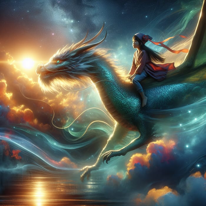 Whimsical Scene: Young Girl Soaring on Majestic Dragon