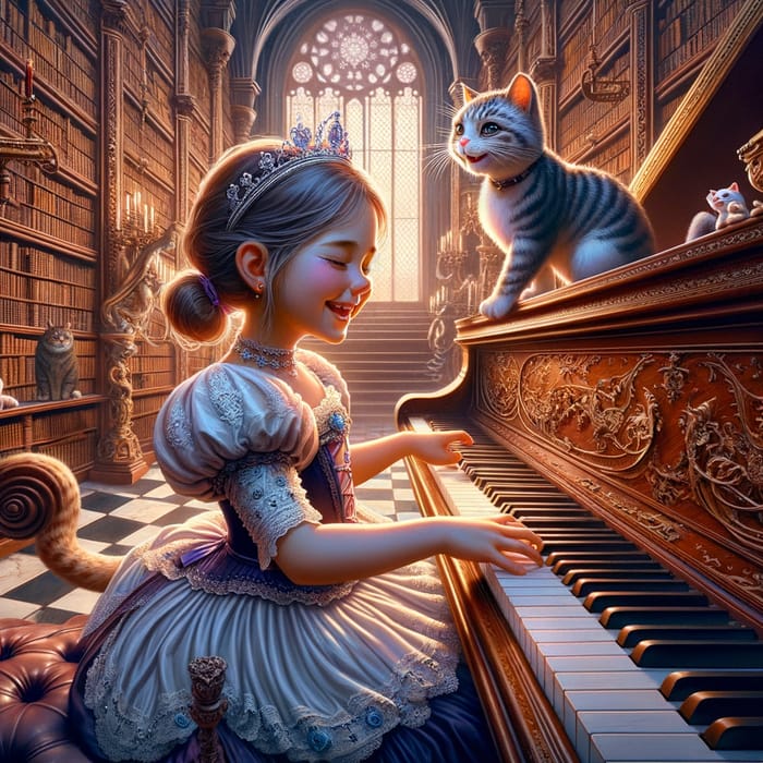 Ethereal Seven-Year-Old Princess Playing Grand Piano in Immersive Baroque Fantasy