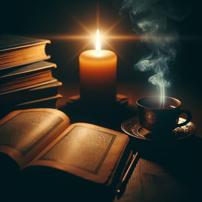 Candlelight Shadows: Book Title, Tea Steam, Dark Room