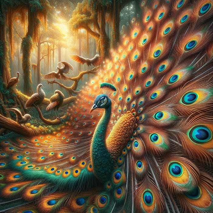 Mesmerizing Enchanted Garden Scene with Radiant Peacock Feathers