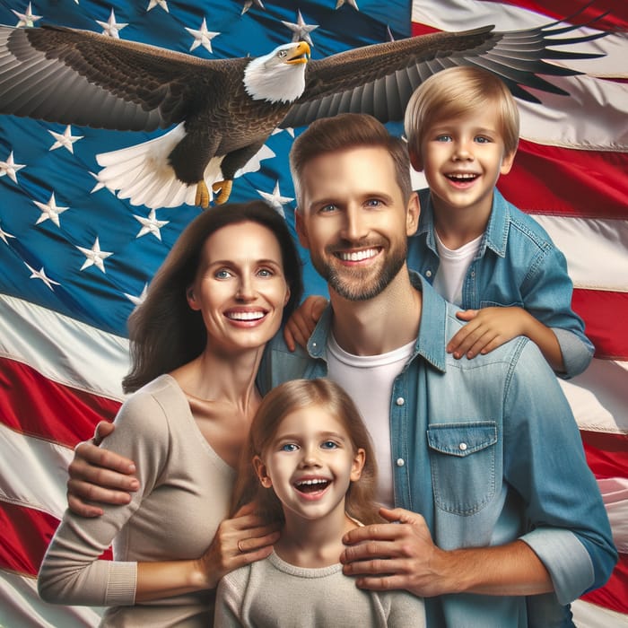 Family Joy Against American Flag and Bald Eagle