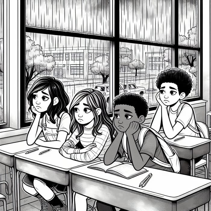 Sad Students Looking at Rain Coloring Page