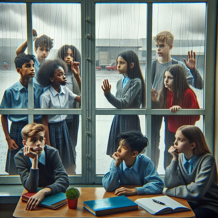 Group of Students Admiring Rain Outside Classroom Window