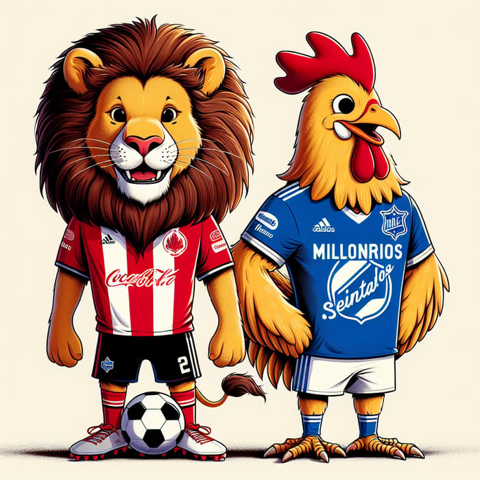 Lion in Santa Fe Soccer Jersey, Chicken in Millonarios Jersey