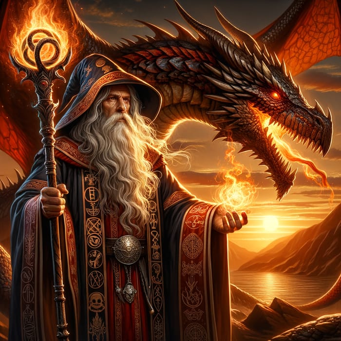 Wizard Master Taming Red Dragon with Magic Staff