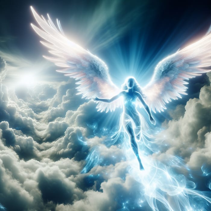 Ethereal Angel Wings Radiating Neon Glow Flying on Heavenly Clouds