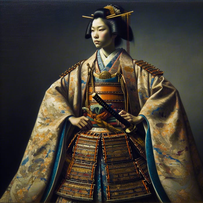 Female Samurai in Kimono and Cloak: Traditional Japanese Painting