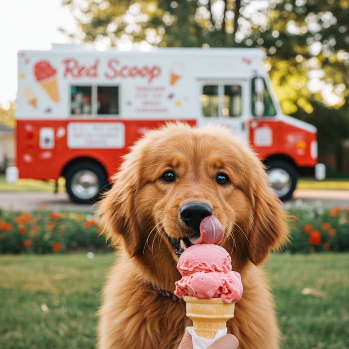 Cute Dog Enjoys Ice Cream from Red Truck