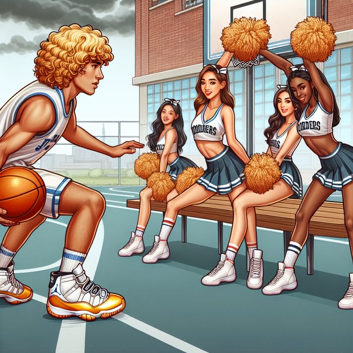 Golden Curly Hair Playing Basketball in Jordan11 Shoes with Cheerleaders and Teammates