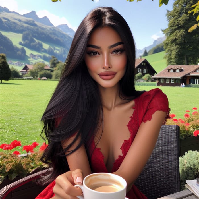 Filipina Woman in Red Dress Enjoying Coffee in Swiss Summer