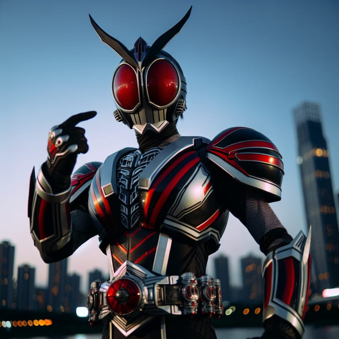 Futuristic Kamen Rider in Armored Suit | City Skyline at Dusk