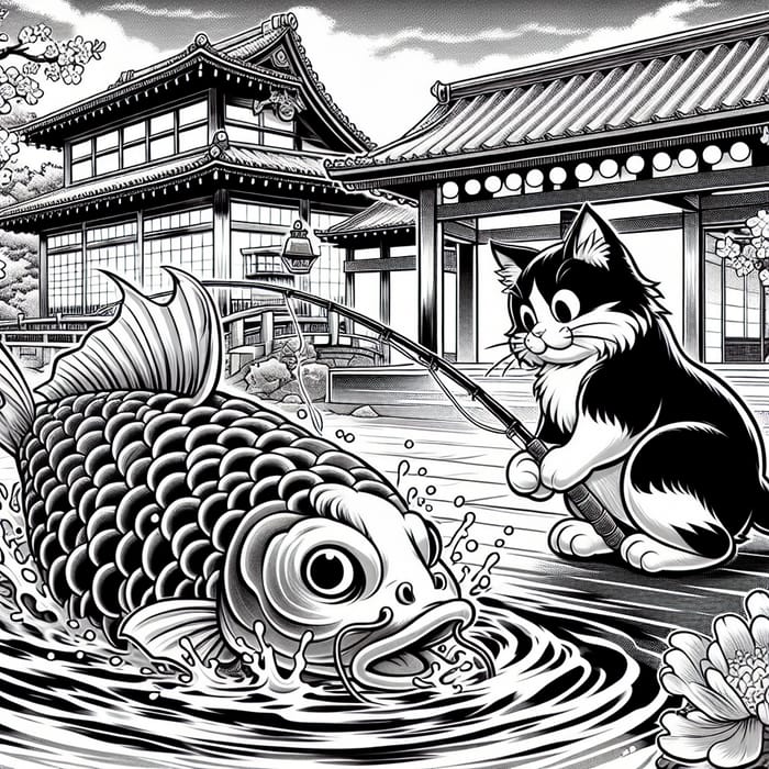 Cartoon of a Black & White Cat Catching Koi Fish