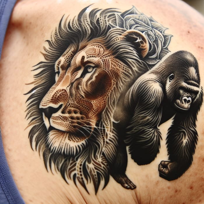 Intricately Designed Men's Lion and Gorilla Shoulder Tattoo