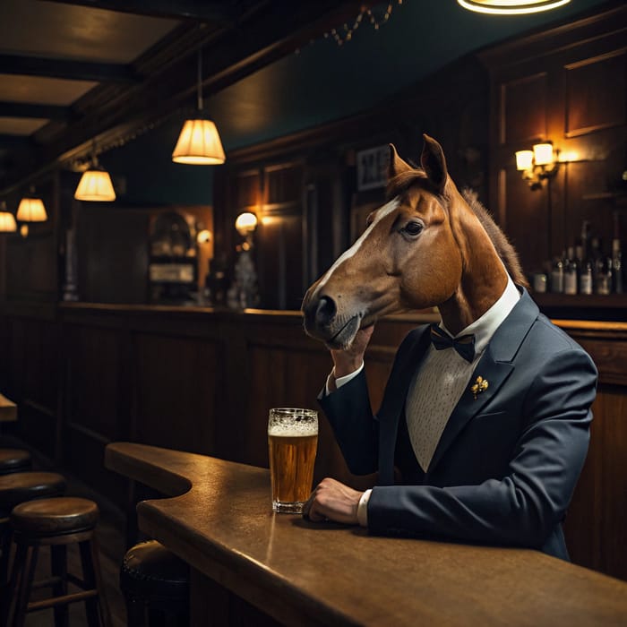 Horse in Suit Enjoying Beer at a Bar