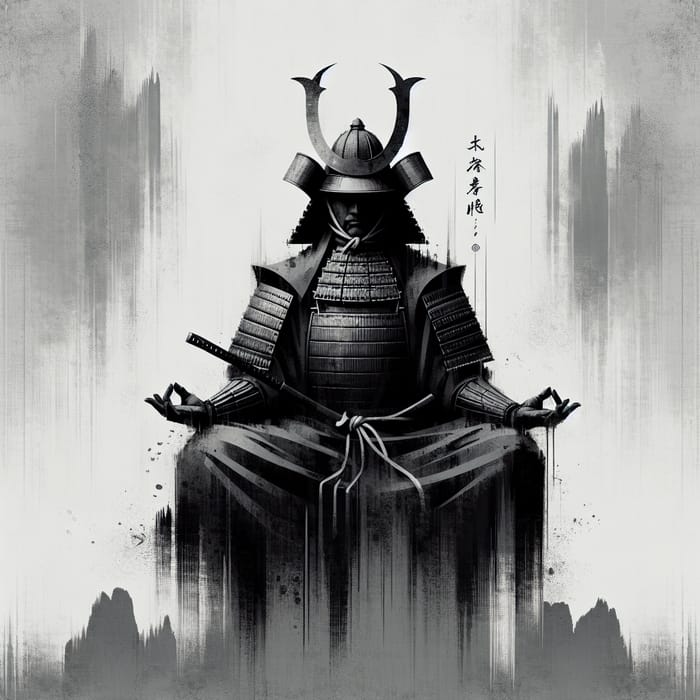 Tranquil Samurai: Zen-Inspired Ink Wash Art with Minimalistic Flair