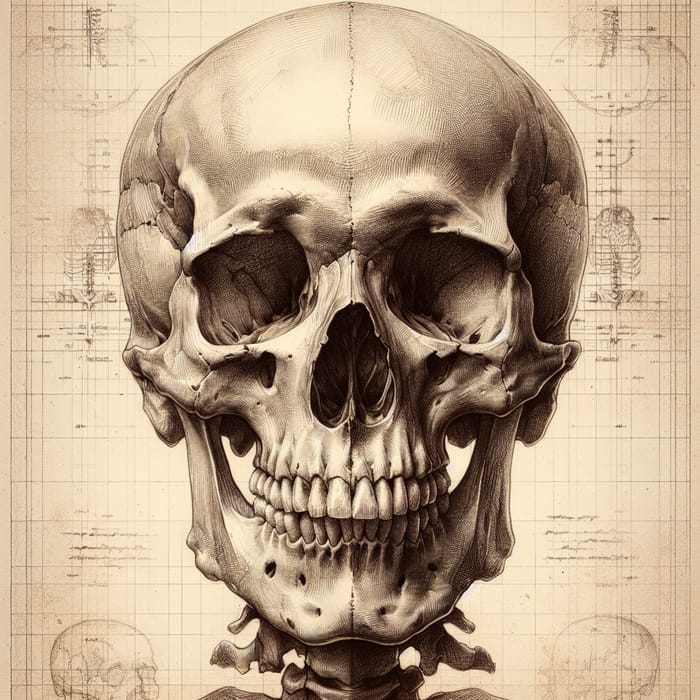 Detailed Human Skull Vintage Graphic Pencil Illustration in Sepia Tones