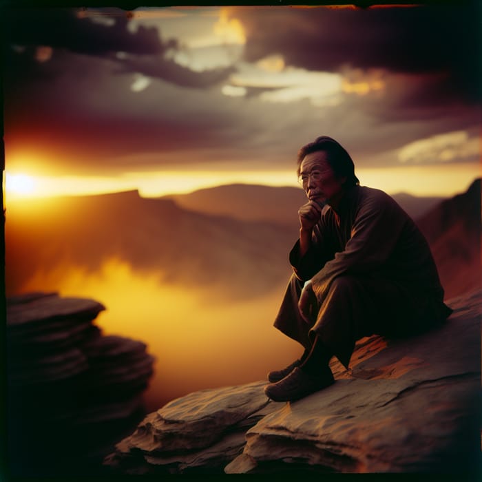 Serene Philosopher Contemplating Vibrant Sunset on Rocky Cliff