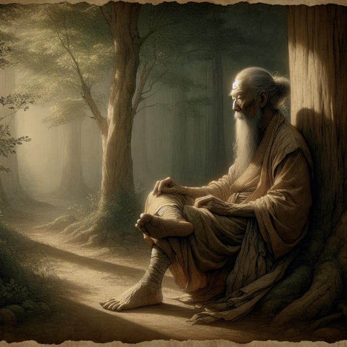 Deep Contemplation: Wise Old Sage in Forest Clearing