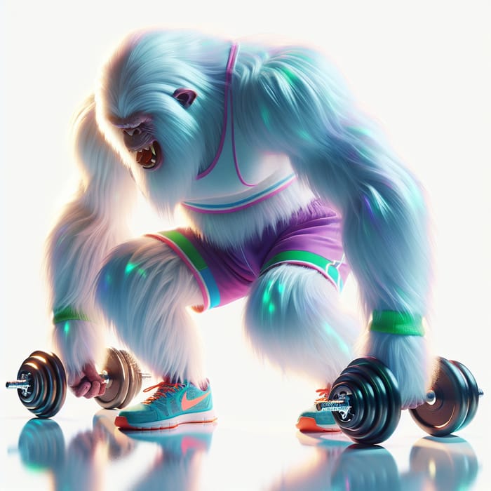 Energetic Yeti Lifts Dumbbells in Vivid Sports Attire