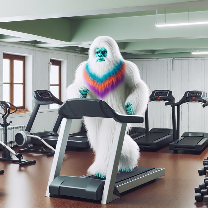 Whimsical Yeti Running on Treadmill in Gym | Unique Fitness Scene