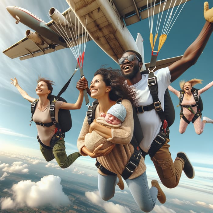 Diverse Group Skydives with Baby | Aerial Adventure with Parachutes