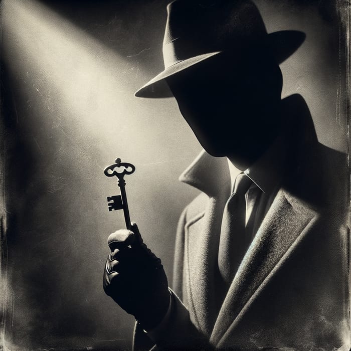 Vintage Black and White Photograph of Mysterious Figure with Dramatic Lighting and Key