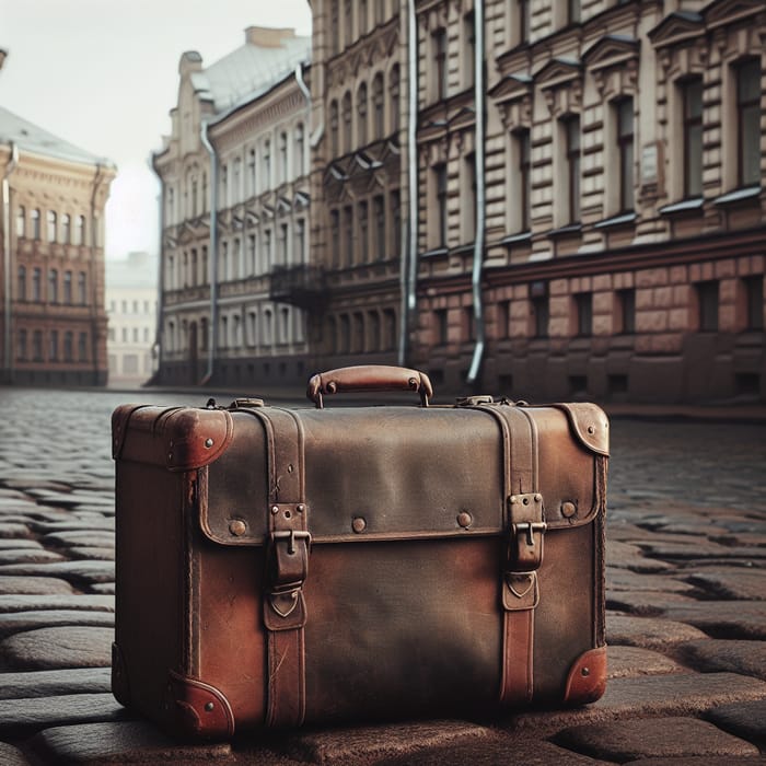 Vintage Leather Suitcase on Leningrad Cobblestone Streets