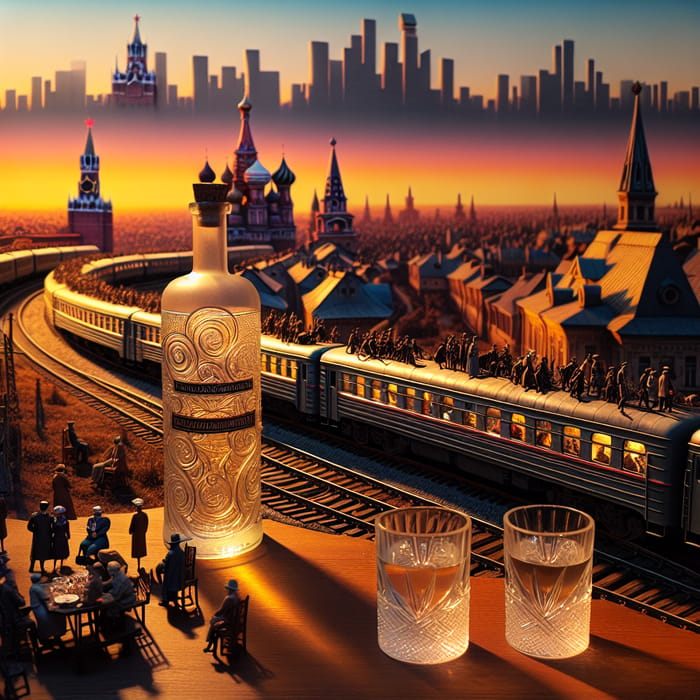 Panoramic Moscow Sunset View with Vodka Railway Scene