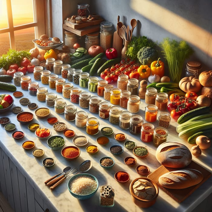 Spacious Kitchen Counter with Neatly Arranged Organic Cooking Ingredients