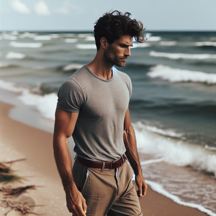 Caucasian Man Walking on the Seaside in Shorts